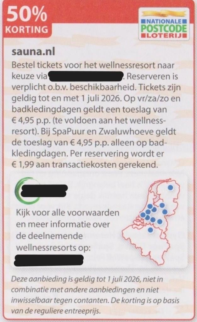 Sauna. 50% korting. Postcodeloterij kortingsbon., Drie personen of meer, Kortingsbon, Spa of Sauna