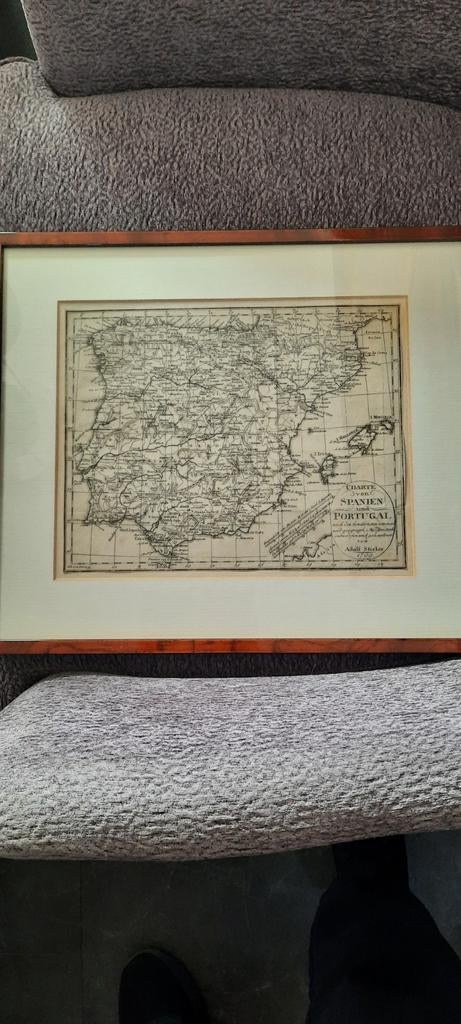 Ingelijste oude kaart van Spanje en Portugal, Ophalen of Verzenden