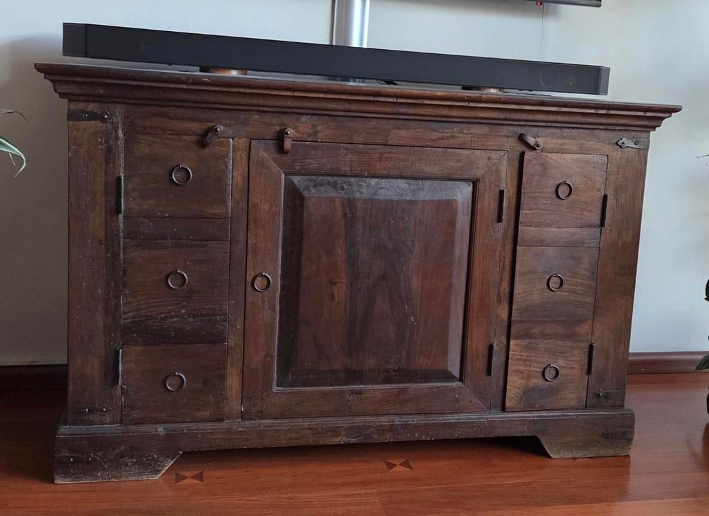 Rustiek Koloniaal Dressoir Massief Hout met Smeedijzer, Gebruikt, 25 tot 50 cm, Koloniaal, Rustiek, Ophalen