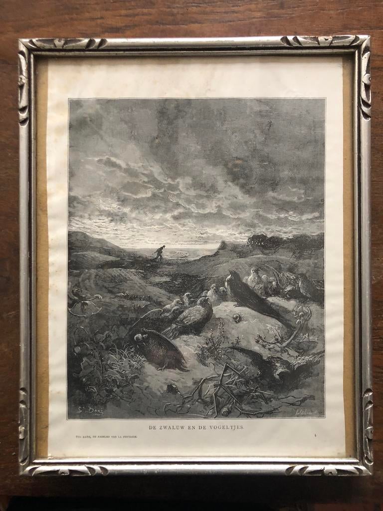 Antieke Prent: De Zwaluw en de Vogeltjes (La Fontaine), Ophalen of Verzenden, Voor 1940, Natuur, Prent