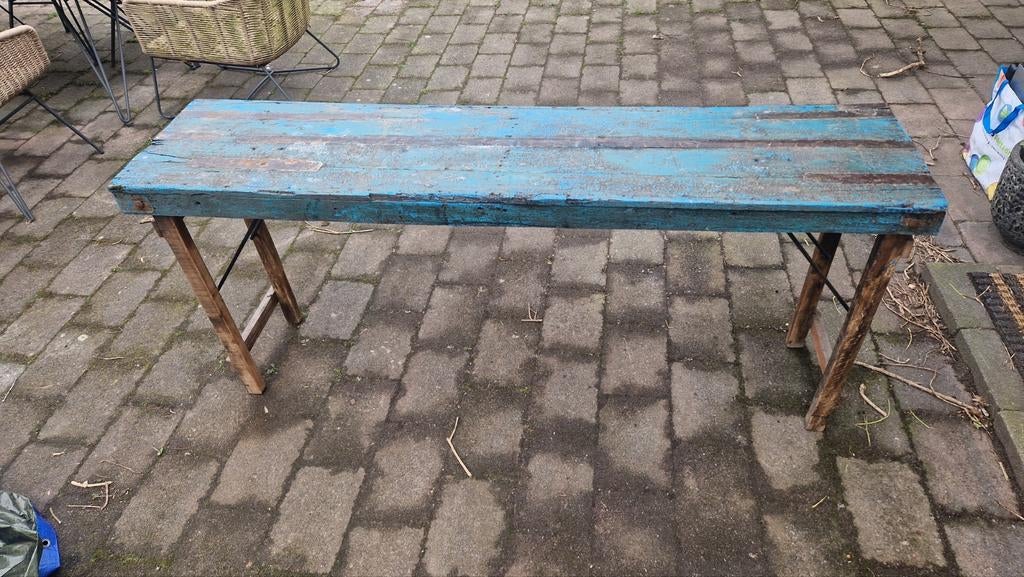 Vintage werkbank / tafel met blauw blad, Ophalen of Verzenden