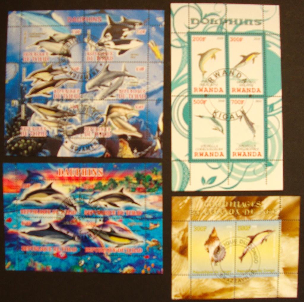 - 721 - 4 Blokken/blokjes met Dolfijnen., Verzenden, Gestempeld, Dier of Natuur