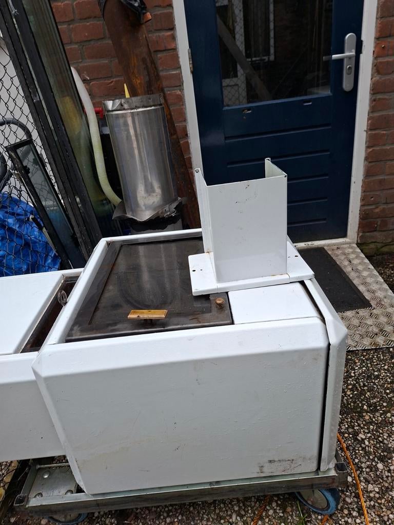 Witte design houtkachel met dubbelwandige pijpen en koof, Huis en Inrichting, Kachels, Gebruikt, Houtkachel, Ophalen of Verzenden