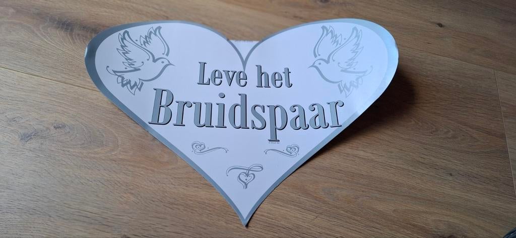 Deurbord 'Leve het Bruidspaar' (wit/zilver), Ophalen of Verzenden, Gebruikt, Versiering, Geboorte of Huwelijk