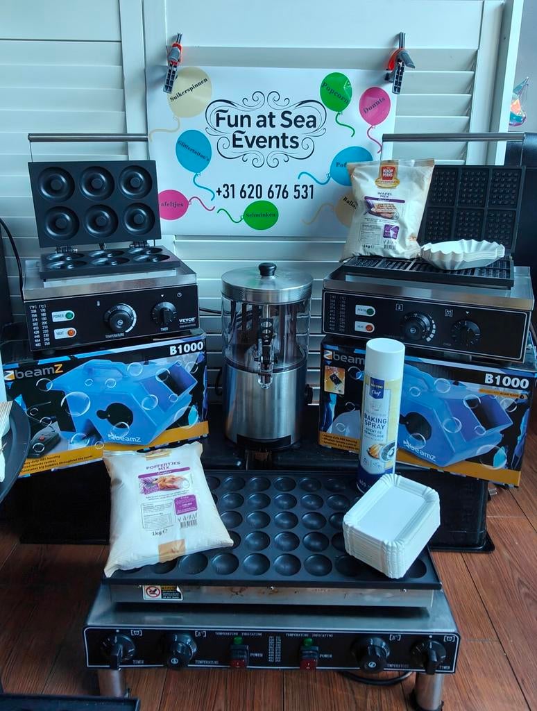 Verhuur poffertjes plaat, wafelijzer, donut,  popcorn enz., Hobby en Vrije tijd, Feestartikelen | Verhuur, Overige, Ophalen