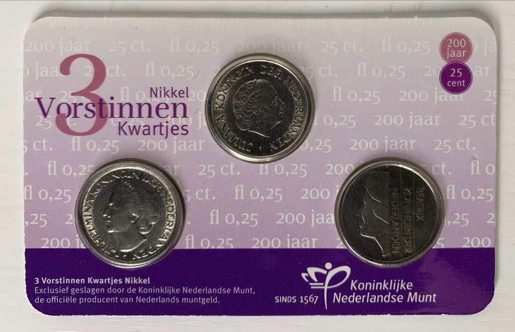 Drie Vorstinnen Kwartjes Coincard, Ophalen of Verzenden, Koningin Wilhelmina, 25 cent, Losse munt