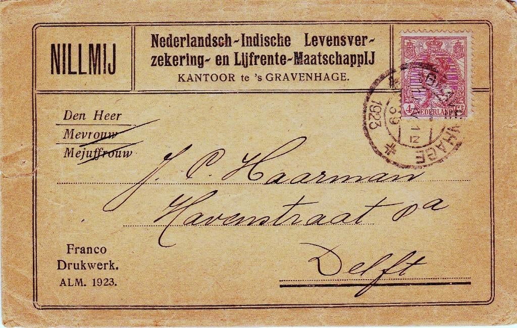 NEDERLANDSCH - INDISCHE LEVENSVERZERING  EN LIJFRENTE, Ophalen of Verzenden, Envelop