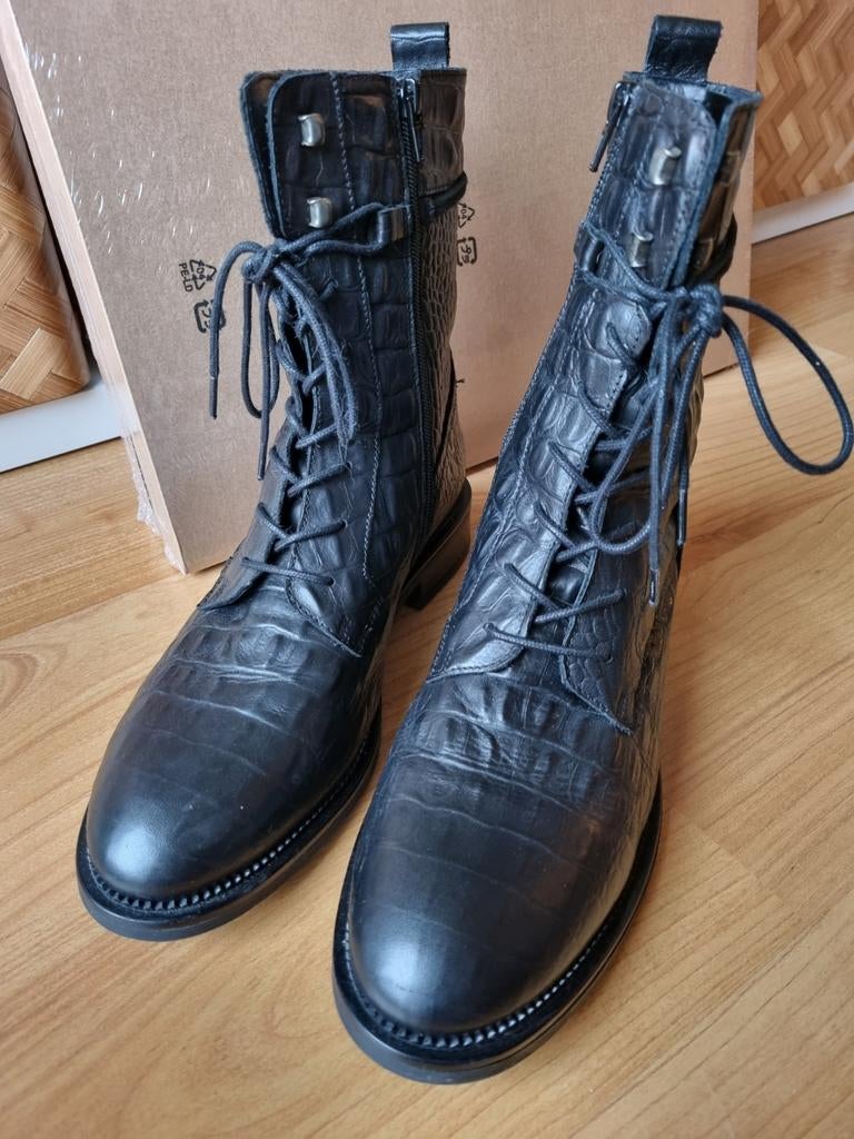 Zign zwarte lederen halfhoge veterlaars maat 41., Kleding | Dames, Schoenen, Ophalen of Verzenden, Zo goed als nieuw, Zwart