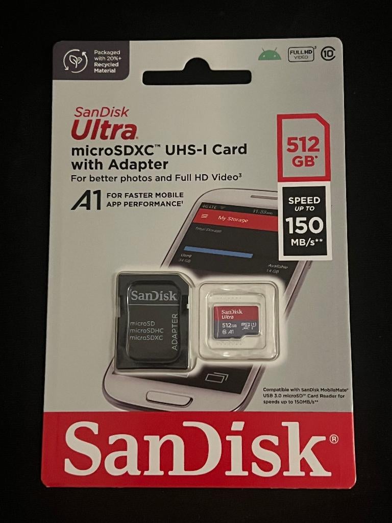 SanDisk Ultra microSDXC 512GB (A1, UHS-I, tot 150MB/s), Ophalen of Verzenden, Nieuw, Fotocamera
