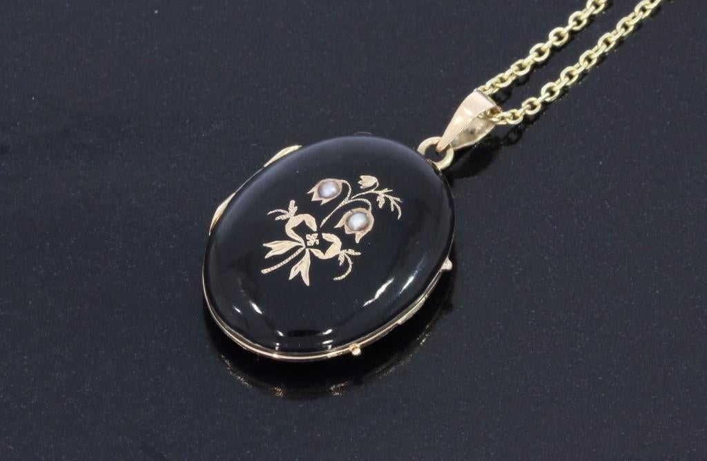 Foto medaillon antiek 14k goud hanger emaille ketting dames, Sieraden, Tassen en Uiterlijk, Antieke sieraden, Verzenden, Goud