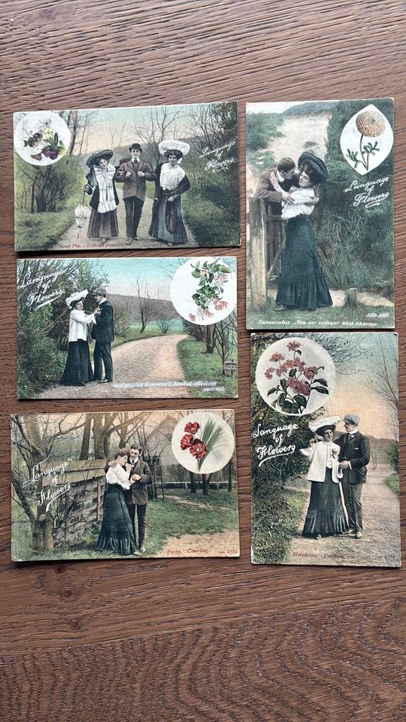 Romantiek.Taal van de bloemen.Liefde,koppels 1907, Ophalen of Verzenden, Voor 1920, Overige thema's