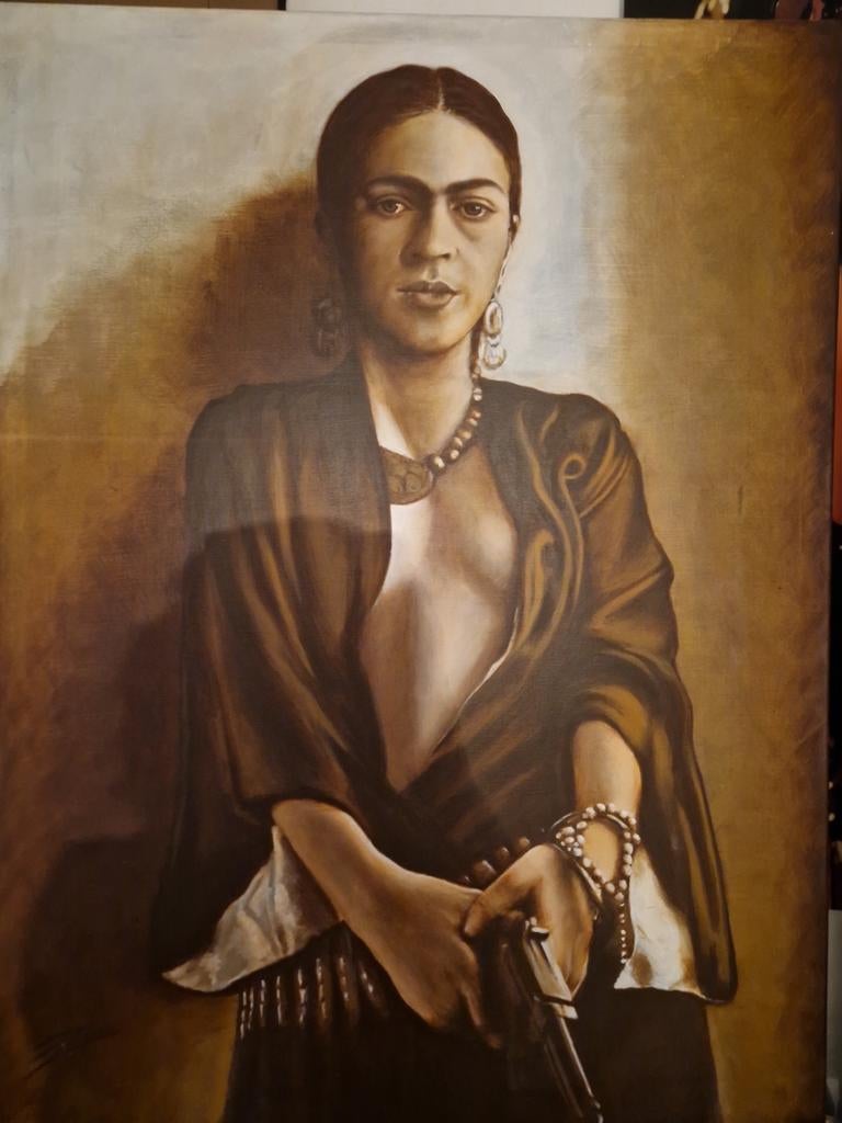 Olieverfschilderij: Frida Kahlo met pistool, Ophalen of Verzenden