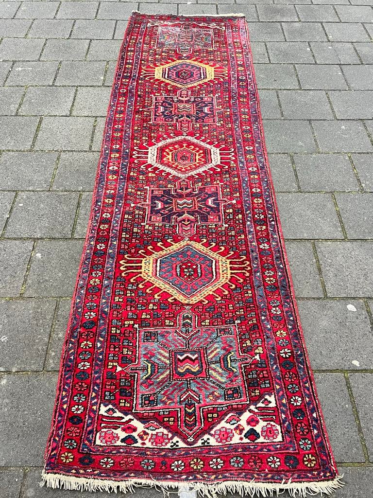 Vintage Perzisch  Tapijt - Handgeknoopt Loper 88x310 cm, Gebruikt, 200 cm of meer, Rechthoekig, Rood