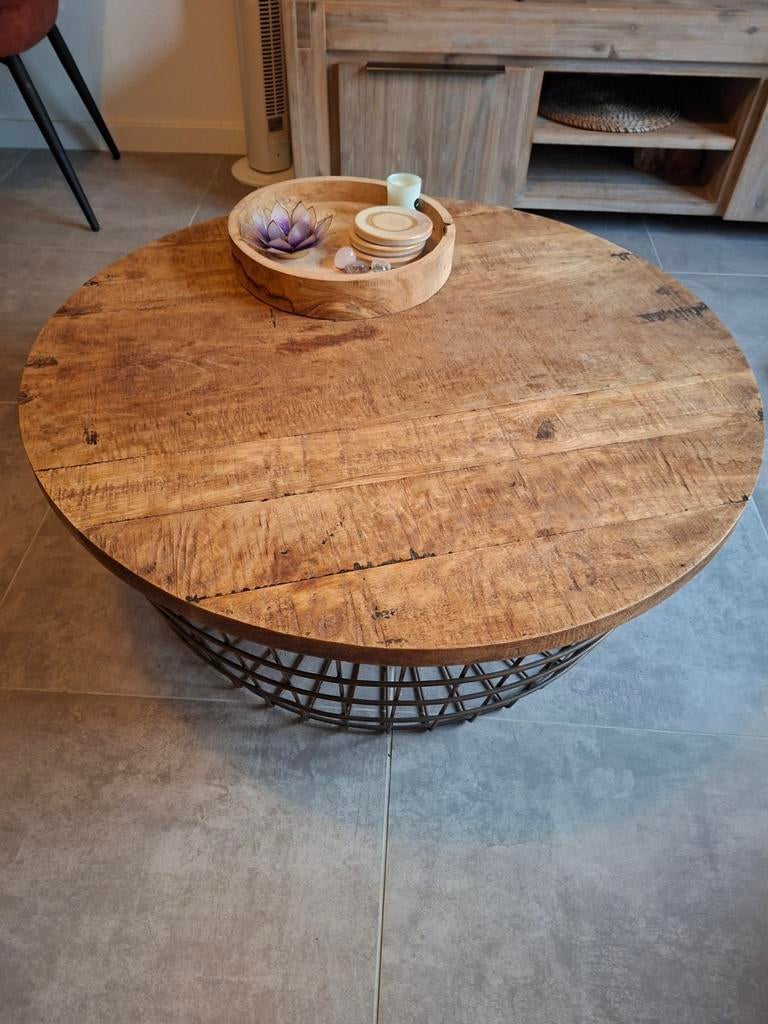 Salontafel met houten blad en bronzen metalen onderstel, Ophalen, 50 tot 100 cm, Rond, 50 tot 100 cm