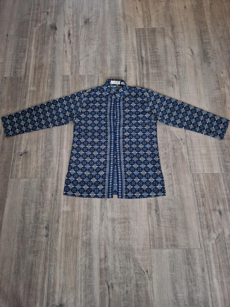 Bali Batik Heren Blouse - Uniek Patroon, Blauw, Bali Batik, Gedragen, Halswijdte 39/40 (M)