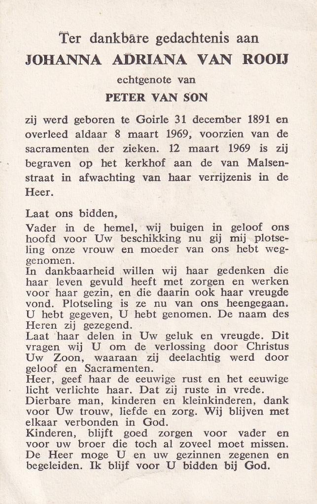 Rooij Johanna 1891 Goirle 1969, Ophalen of Verzenden, Bidprentje