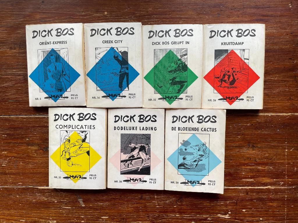 7 Dick Bos boekjes nr. 8, 16, 25, 26, 33, 36 en 38 1963-1965, Gelezen, Alfred Mazure, Ophalen of Verzenden, Meerdere stripboeken