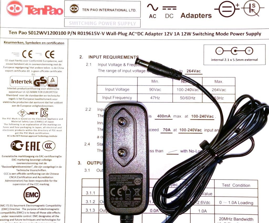 Ten Pao S012WV1200100 12V 1A 12W AC DC Adapter Lader Voeding