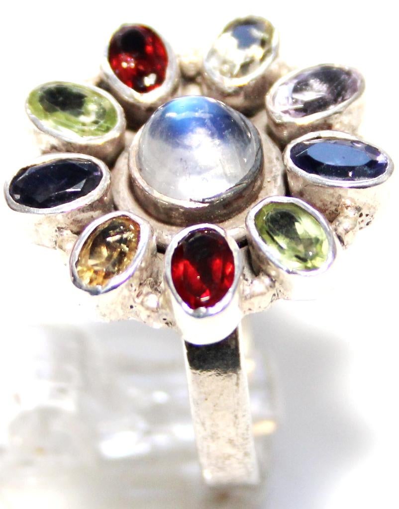 Schitterende Sterling Zilver Multi Edelsteen Entourage Ring, Ophalen of Verzenden, Zilver, Ring, Met edelsteen