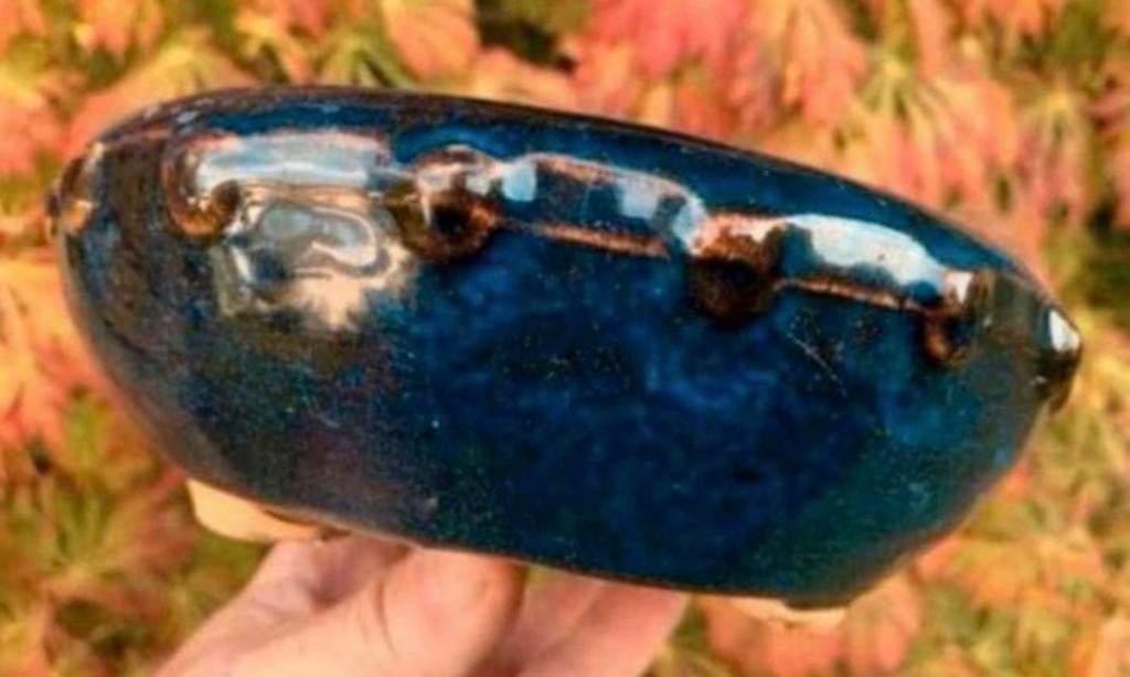 Bonsai schaal rond blauw-bruin geglazuurd aardewerk 19,6x6,6, Tuin en Terras, Bloempotten, Rond, Ophalen of Verzenden, Zo goed als nieuw