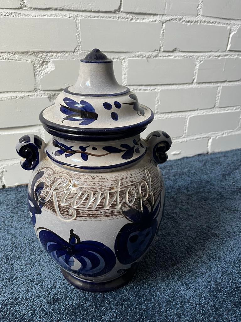 Keramieken pot met deksel, blauw-wit, met tekst 'Rumtopf', Antiek en Kunst, Ophalen