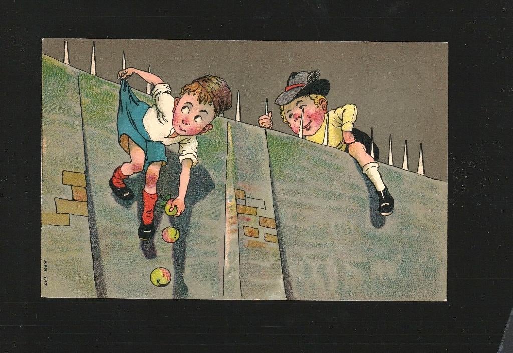 Ansicht jongens klimmen over de muur D11-06, Verzenden, Voor 1920, Ongelopen, Overige thema's