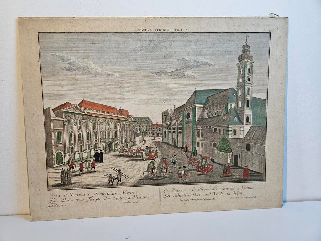 Antieke Kopergravure Wenen, Schottenkerk en plein, 18e eeuw, Ophalen of Verzenden
