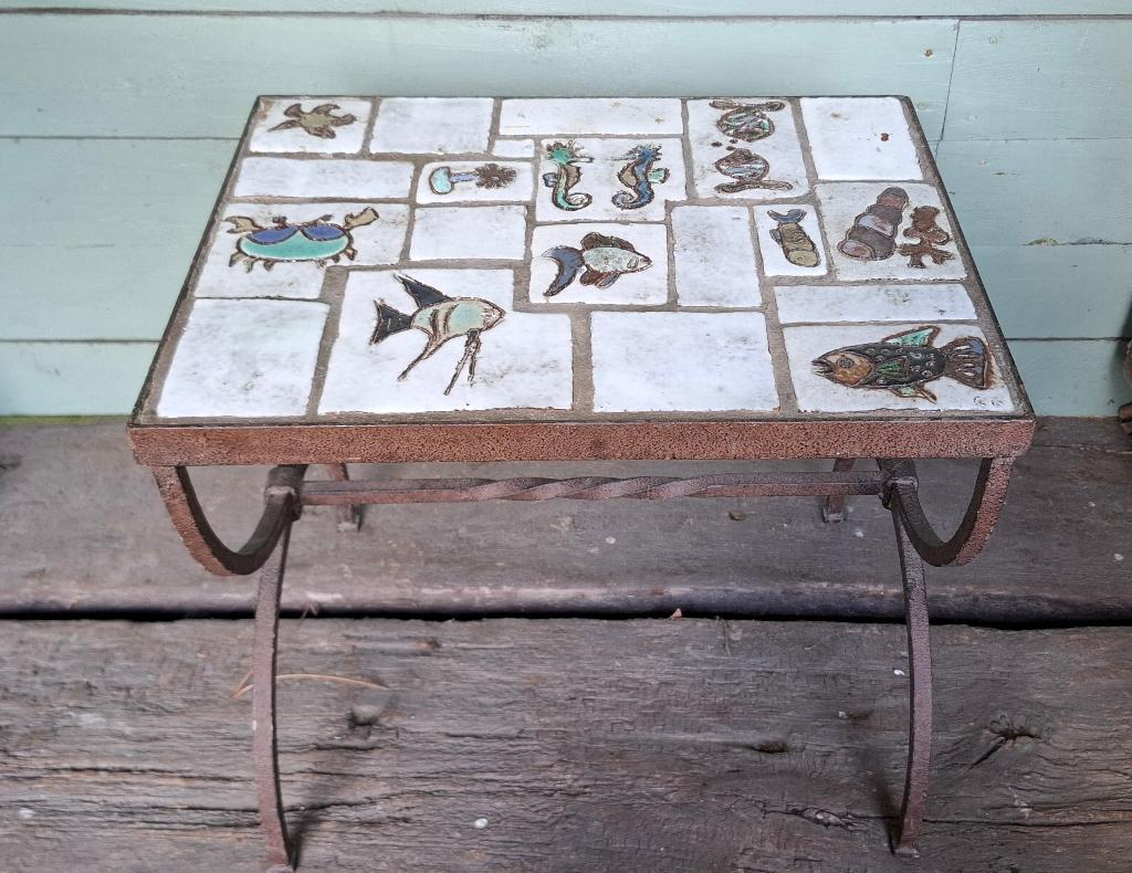 Vintage bijzettafeltje - plantentafel - keramische tegels, Antiek en Kunst, Ophalen of Verzenden