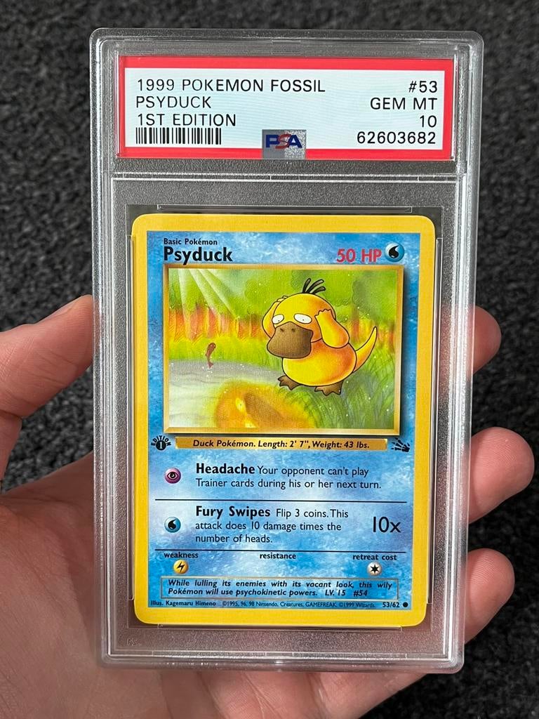 Pokémon PSA 10 1st edition Psyduck #53 Fossil set, Hobby en Vrije tijd, Verzamelkaartspellen | Pokémon, Ophalen of Verzenden, Zo goed als nieuw
