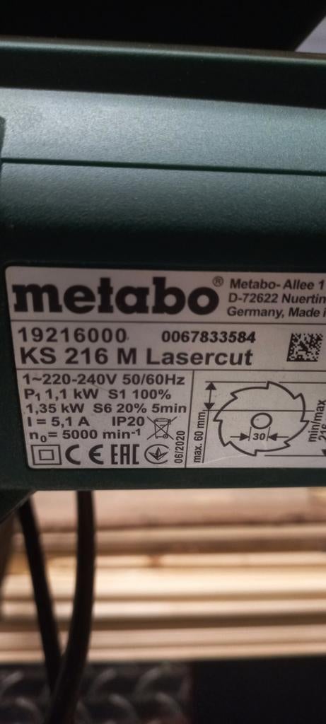 Metabo KS 216 M Lasercut Afkortzaag, Doe-het-zelf en Verbouw, Gereedschap | Zaagmachines, Ophalen, Gebruikt, 70 mm of meer, 600 tot 1200 watt