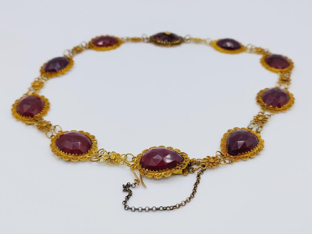 Gouden bootjesketting met granaat, 2 losse schakels, 42,5 cm, Sieraden, Tassen en Uiterlijk, Verzenden, Goud, Ketting, Met edelsteen