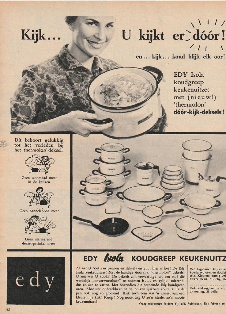 retro reclame 1960 Edy keuken uitzet emaille pannen, Verzamelen, Verzenden, Overige typen