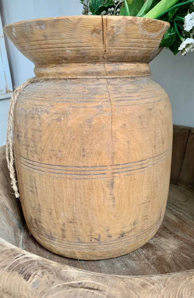 STOERE HOUTEN POT GROTE  VAAS OUD HOUT, Ophalen of Verzenden