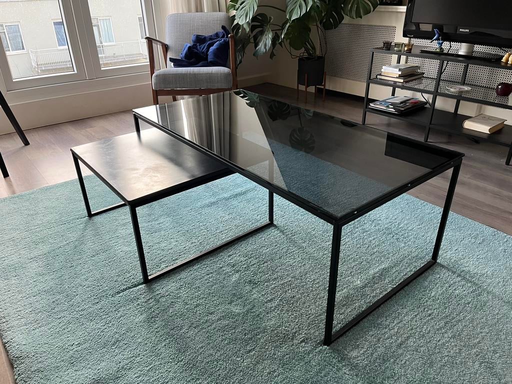 Bolia salontafel set / design salontafel zwart metaal, Ophalen, 50 tot 100 cm, Minder dan 50 cm, Glas