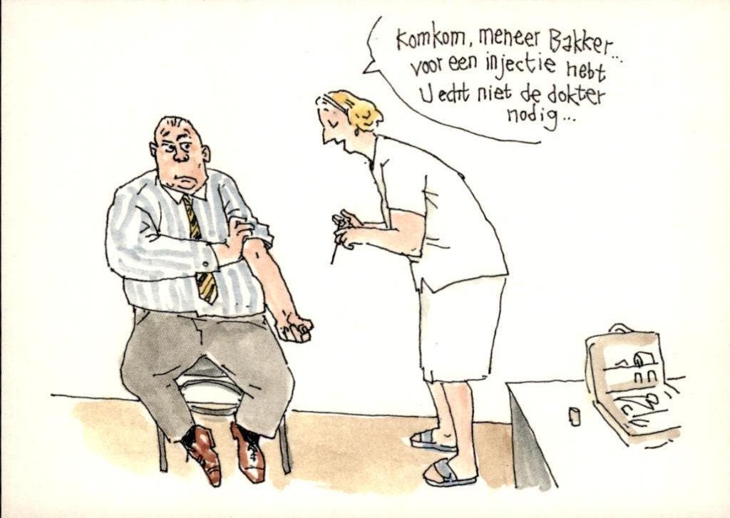 stripkaart, komkom meneer Bakker, met verpleegster, Verzenden, 1980 tot heden, Ongelopen, Overige thema's