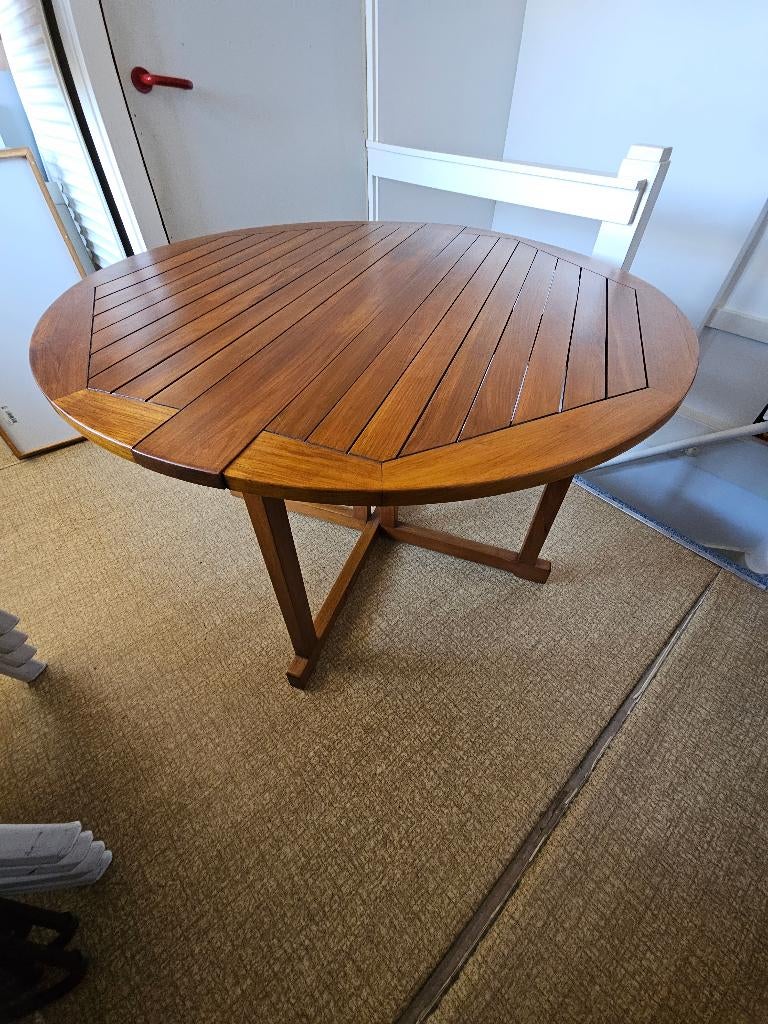 ronde Teak Tuintafel, 4-persoons, inklapbaar, 1.20 mtr., Ophalen, Zo goed als nieuw, Rond, Teakhout
