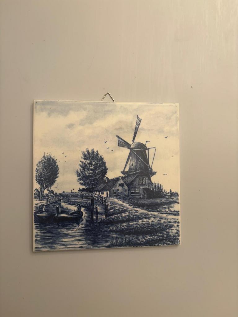 Delfts Blauw Tegeltje met Molenlandschap, Antiek en Kunst, Ophalen