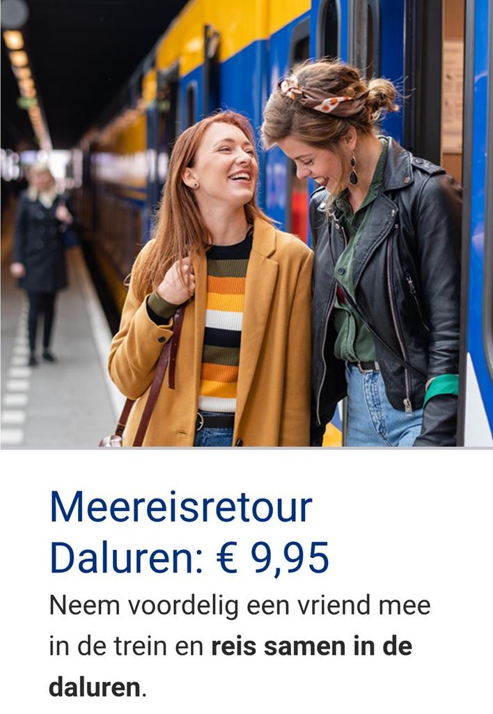 NS meereisretour reis voordelig met iemand mee 1e of 2e klas, Tickets en Kaartjes, Eén persoon, Trein, Kortingskaartje