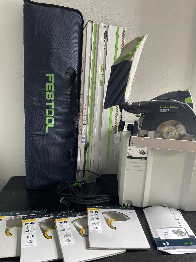 Festool HK 55 EBQ-Plus & FSK 420 met diverse zaagbladen, Ophalen, Invalzaag, Zo goed als nieuw, 30 tot 70 mm