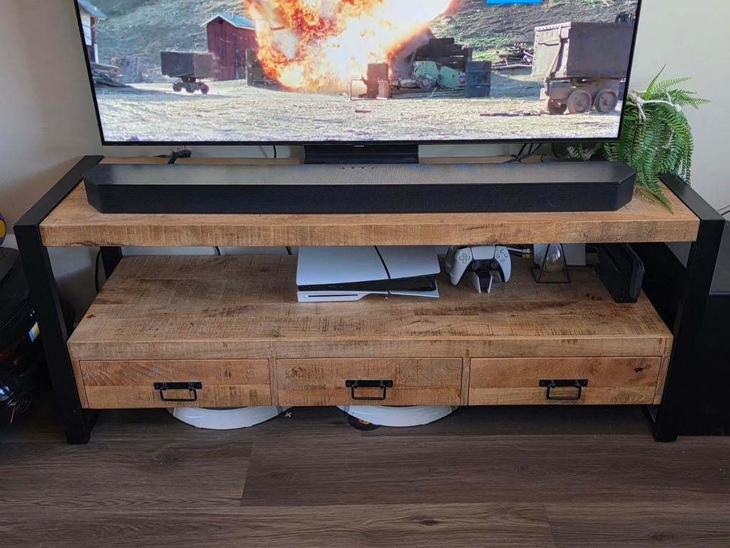 Mango houten tv meubel met 3 lades, Huis en Inrichting, Kasten | Televisiemeubels, Ophalen, 150 tot 200 cm, Zo goed als nieuw