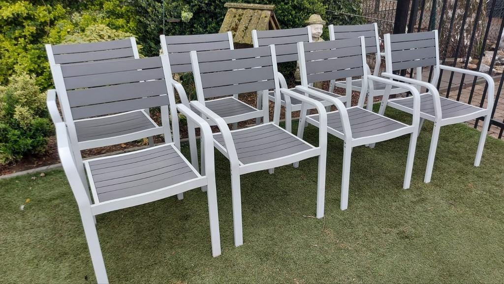 8 prachtige polywood tuinstoelen, Ophalen, Zo goed als nieuw, Aluminium, Stapelbaar