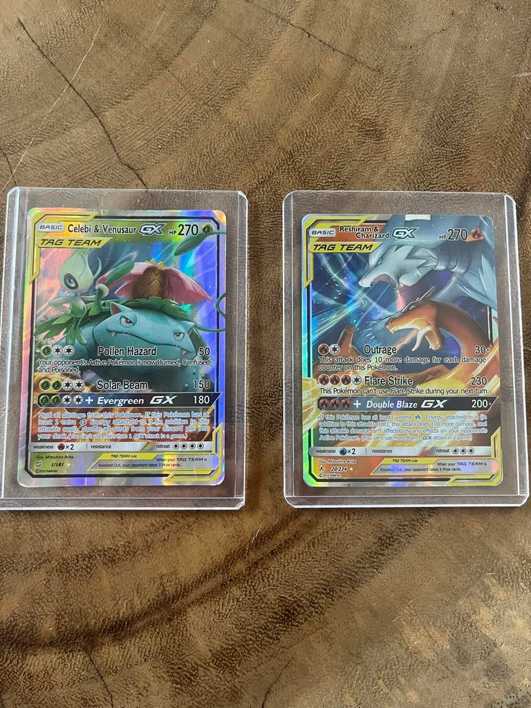 Celebi & Venusaur GX en Reshiram & Charizard GX, Hobby en Vrije tijd, Verzamelkaartspellen | Pokémon, Ophalen of Verzenden, Gebruikt