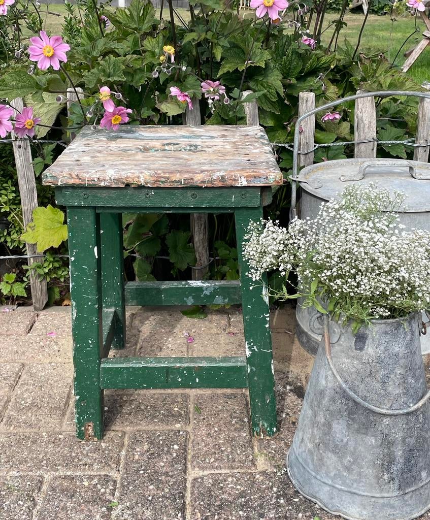 Brocante oude houten kruk / krukje boeren groen, Antiek en Kunst, Curiosa en Brocante, Ophalen of Verzenden