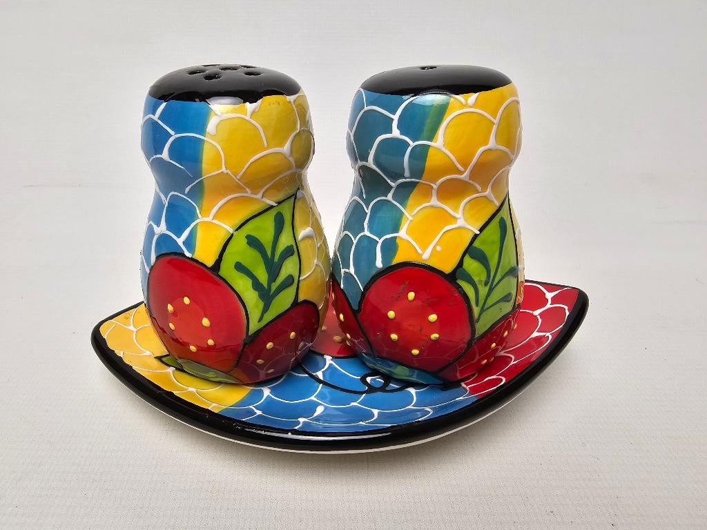 # Spaans Handgeschilderd Peper & Zout Stel, Huis en Inrichting, Keuken | Servies, Gebruikt, Overige typen, Ophalen of Verzenden