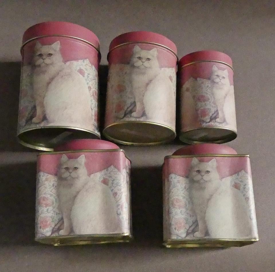 Katten blikken vintage kattenblik set poes kat trommel blik, Ophalen of Verzenden, Gebruikt, Koek(jes)