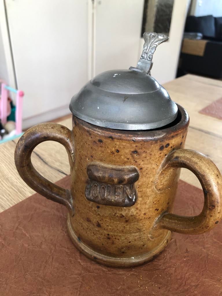 Oolen Bierkan met 3 Oren en Tinnen Deksel, Antiek en Kunst, Antiek | Keramiek en Aardewerk, Ophalen of Verzenden
