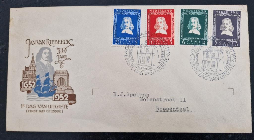 Nederland 1952 - FDC E7 -  Riebeeck monument, Postzegels en Munten, Ophalen of Verzenden, Beschreven, Nederland