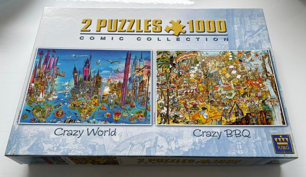 2 King puzzels (Crazy world & crazy BBQ, 2 x 1000 stukjes), Ophalen of Verzenden, 500 t/m 1500 stukjes, Zo goed als nieuw