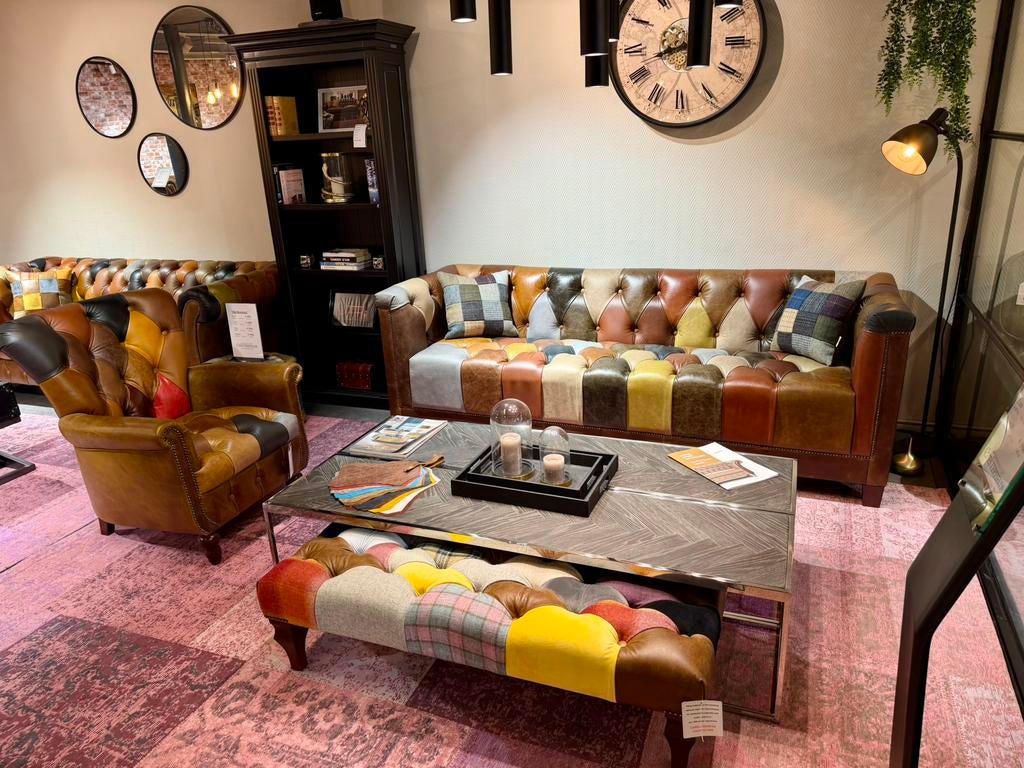 MANCHESTER MULTICOLOR CHESTERFIELD BANKSTEL KUBUS PATCHWORK, Ophalen of Verzenden, Nieuw, 75 tot 100 cm, Leer