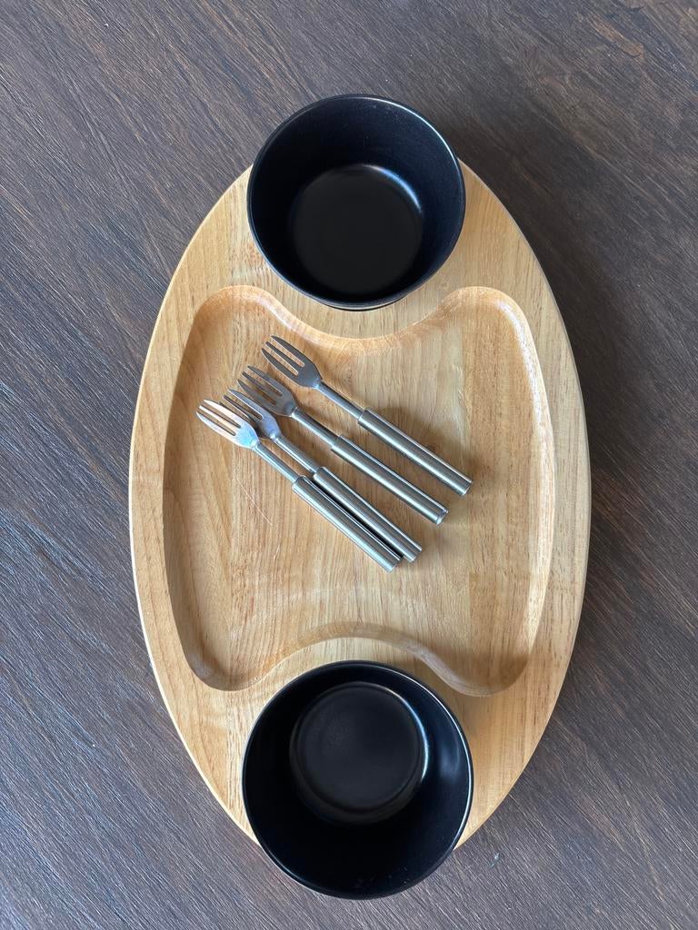 Houten borrelplank met vorkjes en bakjes, Ophalen of Verzenden, Gebruikt